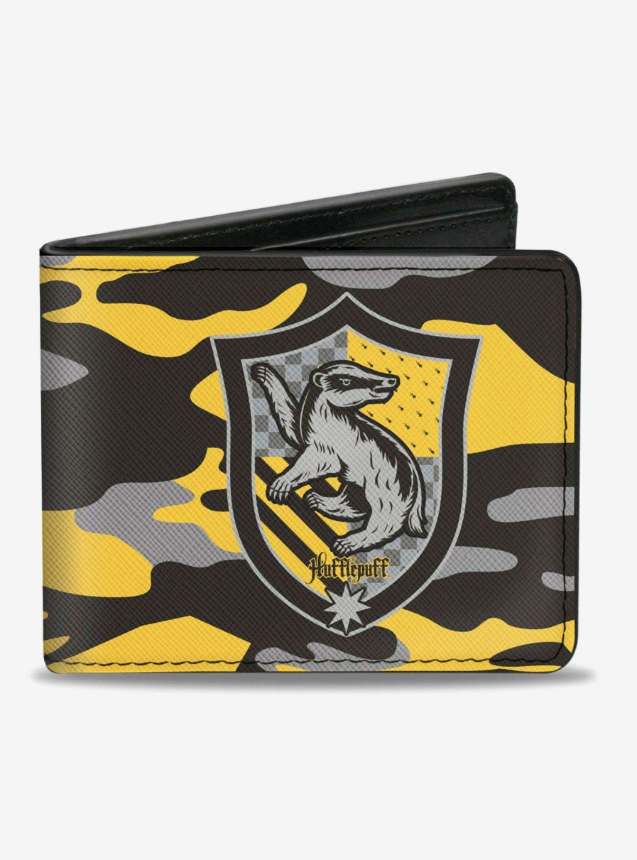 Bags * | Harry Potter Hufflepuff Crest Camo Yellow Bi-Fold Wallet Reliable Quality