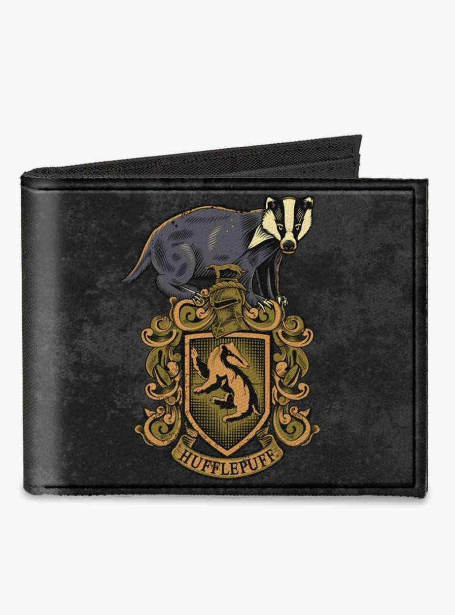 Bags * | Harry Potter Hufflepuff Badger Crest Dedication Patience Loyalty Banner Canvas Bifold Wallet Discount Sale