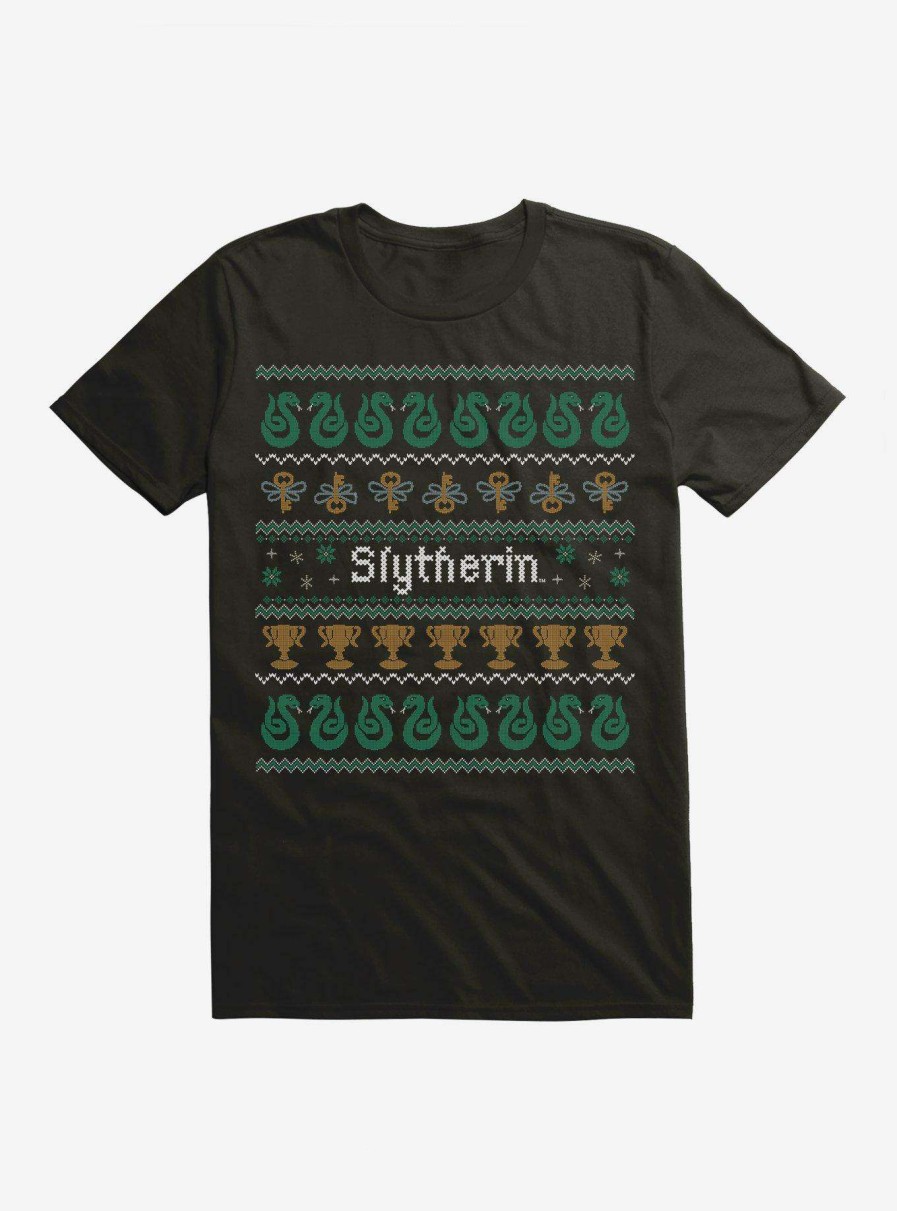 Clothing * | Discount Store Harry Potter Slytherin Ugly Christmas Pattern T-Shirt